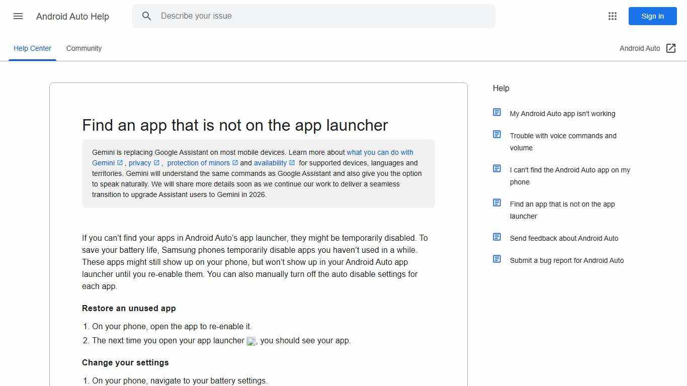 Find an app that is not on the app launcher - Android Auto Help